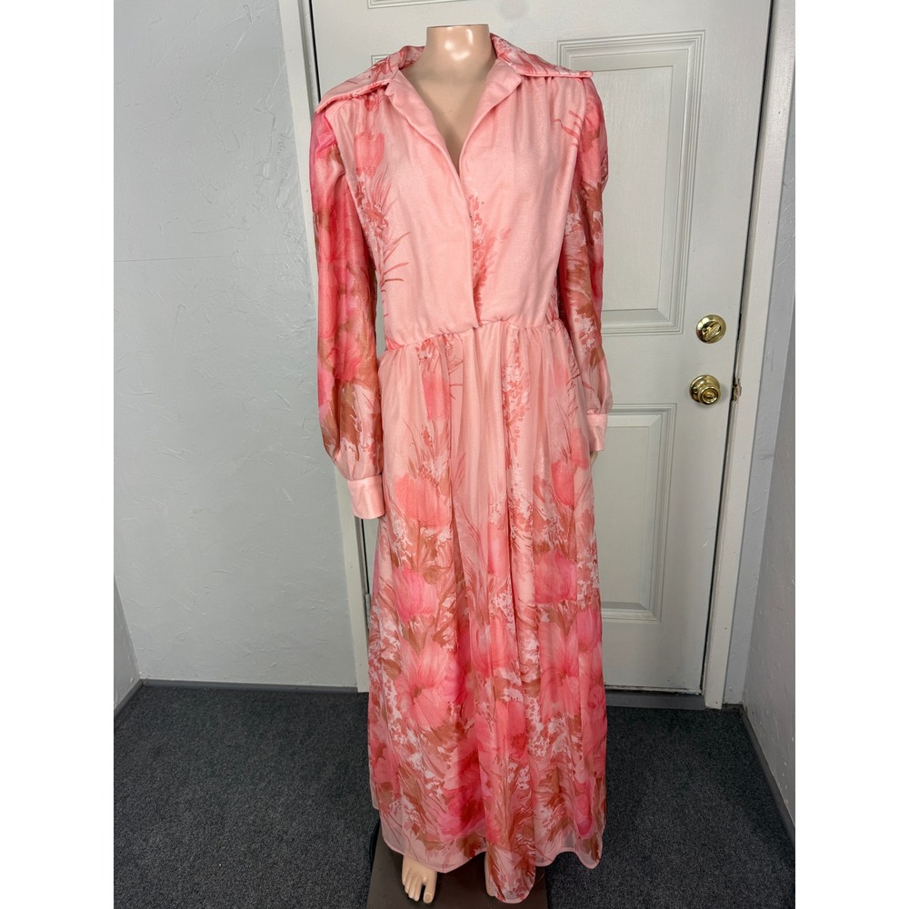 Vintage 70s Women Dress Formal Polyester Evening Maxi Party Floral Long Sleeve